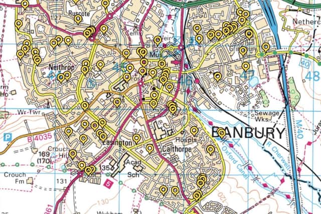 The Fix My Street web page for this area of Banbury showing scores of reported problems