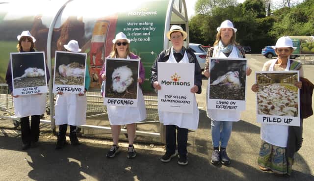Protesters wearing butchers' uniforms demonstrate with grisly images of intensively reared chickens outside Morrisons store