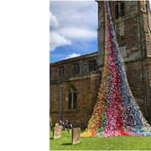 A photo of the flower tower consisting of more than 4,300 handmade flowers at All Saints Church in the village of Middleton Cheney. (photo by Georgina Campion)