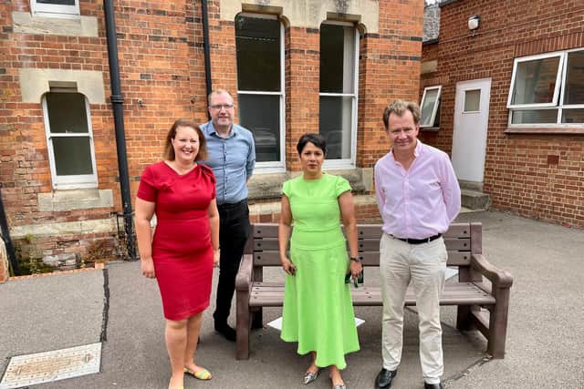 Victoria Prentis MP is pictured outside the Horton following her meeting with CEO Meghana Pandit and Dr Nick Broughton. OUH Director of Strategy, David Walliker is also pictured (back row)