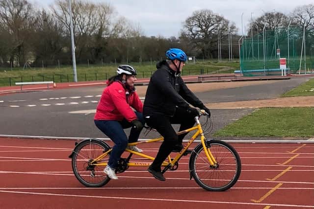 Jim Ellison, aged 56 and from Banbury, is set to take on a 22k tandem cycling challenge fundraiser to help the for Oxfordshire Association for the Blind (picture Jim trains for the event)