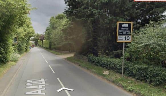 The approach to the notorious Farthinghoe bend with its width restriction and speed limit of 10mph. Picture by Google Street View