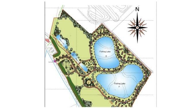 The first image of the fishing lakes proposal, showing 15 cabins, eight pods and 60 car parking spaces