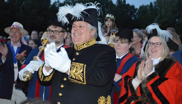 Sir Tony Baldry and Cllr Jayne Strangwood officiate at the lighting of Banbury's Platinum Jubilee beacon