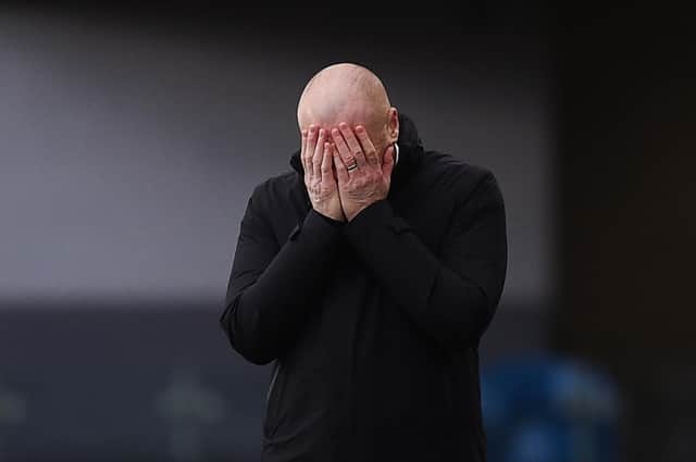Burnley's English manager Sean Dyche reacts during the English Premier League football match between Burnley and Chelsea at Turf Moor in Burnley, north west England on March 5, 2022.