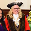 Cllr Jayne Strangwood took office as the new mayor of Banbury at an inauguration ceremony at Town Hall on Tuesday May 17. She is pictured with outgoing mayor Cllr Shaida Hussain.    (photo from Banbury Town Council)