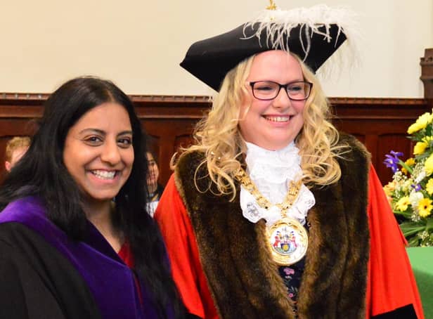 Cllr Jayne Strangwood took office as the new mayor of Banbury at an inauguration ceremony at Town Hall on Tuesday May 17. She is pictured with outgoing mayor Cllr Shaida Hussain.    (photo from Banbury Town Council)
