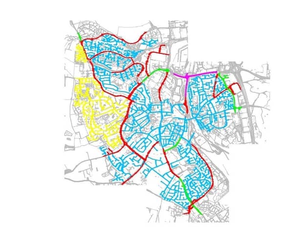 A map of Oxfordshire County Council's 20-mph zone in Banbury, with the roads to be reduced to 20-mph marked in blue.