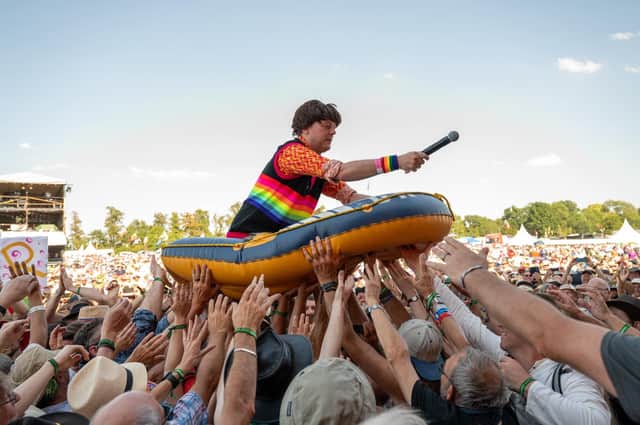 Surfing the crowd - the Bar Steward Sons of Val Doonican were one of the highlights of Saturday afternoon - the crowd loved them. Picture by David Jackson