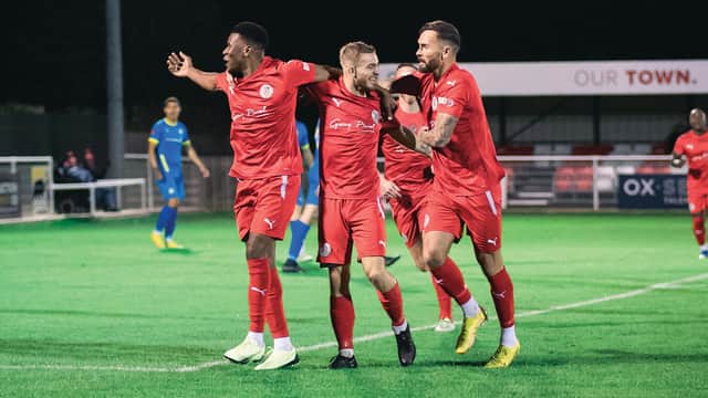 Callum Stead celebrates one of his two goals in Brackley Town's 2-0 victory over Peterborough Sports on Tuesday night. Picture by Josh Nesden