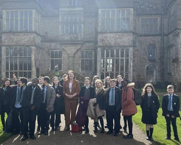 Some of the school children gathered at Broughton Castle for Victoria Prentis' Shakespeare day.