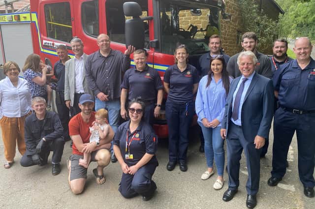 Pictured at the campaign launch are Shotteswell resident Gareth Jenkins holding his daughter Pippa, with chimney sweep Paul Braggins, front left, representatives from Cadent, Warwickshire Fire and Rescue and Shotteswell Warm Hub, plus Warwickshire county council portfolio holder Cllr Andy Crump, fourth from left, and county Cllr Chris Mills, front right, next to group commander Scott Moultrie, far right.