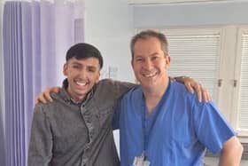 Rocco Mann with his 'amazing' NHS consultant, Mr Mark Bignall, at the Oxford University Hospitals Trust