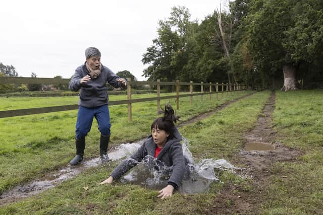 Grace Hindle, 12, and Stanley Potter, 13, recreate a scene from the Vicar of Dibley to mark the 30th birthday of TV channel GOLD