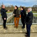 Victoria Prentis visiting the Banbury Flood Alleviation Scheme alongside Environment Agency’s thames area director, Anna Burns, and her team.