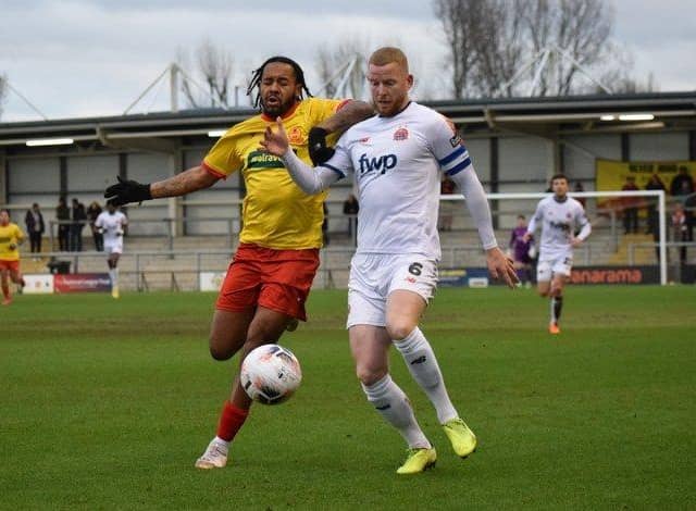 Action from Banbury United's 5-0 defeat at AFC Fylde last weekend. Picture by Julie Hawkins