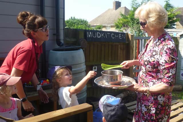 MP for South Northamptonshire, Dame Andrea Leadsom, meets with staff and children at King's Sutton Preschool.