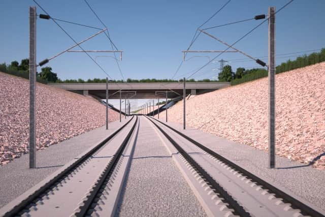 This computer generated image shows the Turweston green bridge from HS2 track level