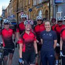 Grace Brown joined by Shipston Cycling Club members in Chipping Norton town centre. Andy Smith can been seen behind Grace – third from the left.