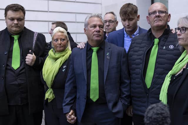 The family of Northamptonshire teenager Harry Dunn, including his father Tim Dunn (right) and mother Charlotte Charles (second from left) arrive at The City of Westminster Magistrates Court on September 29, 2022 as his alleged killer Anne Sacoolas appears before the court.