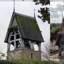 The historic bell tower at All Saints Church before and after the restoration work.