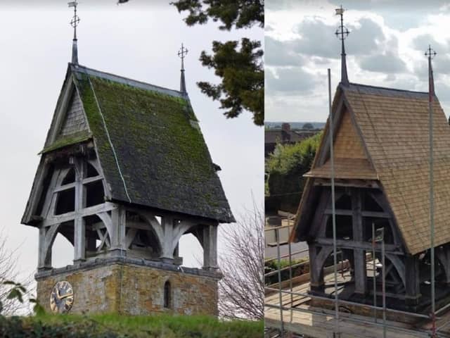The historic bell tower at All Saints Church before and after the restoration work.