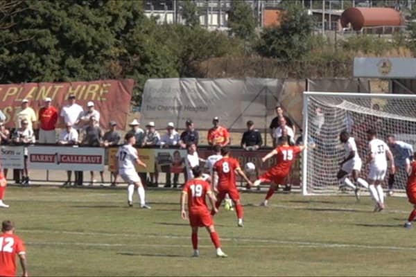 Ben Radcliffe fires home Banbury United's opening goal in their superb 3-1 home victory over AFC Fylde. Picture courtesy of Banbury United FC