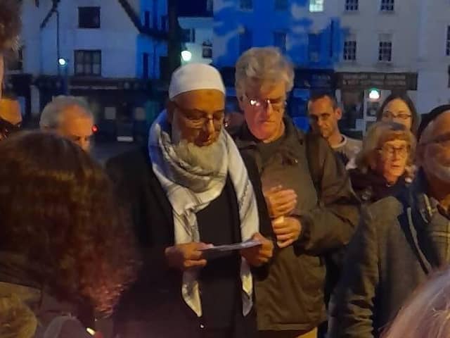Fiaz Ahmed, Town Mayor of Banbury, calls for peace at the inter-faith vigil in Banbury on Sunday