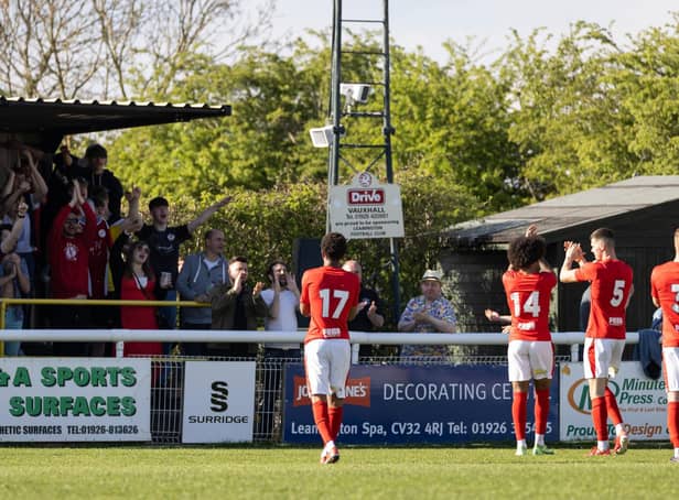 The Brackley Town players applaud the travelling fans after their goalless draw at Leamington on Good Friday. Picture by Glenn Alcock