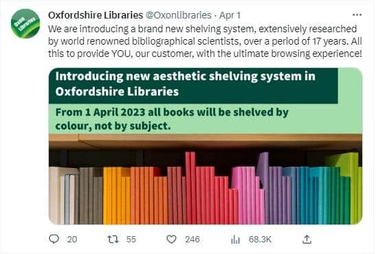 The tweet sent out by Oxfordshire libraries on April Fools' Day