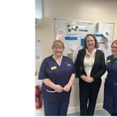 Victoria Prentis with midwives at yesterday's tour of the Horton General Hospital.