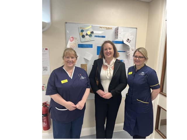 Victoria Prentis with midwives at yesterday's tour of the Horton General Hospital.