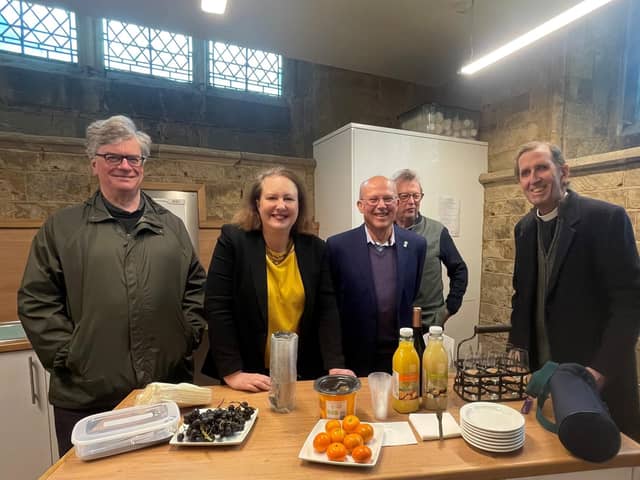 Victoria Prentis alongside the church’s project team Ian Myson, Jon Carlton and Richard Jones and Rev. Dale Gingrich.