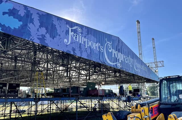 The roof is on - and will provide much-needed shade for the performers at this year's Fairports Cropredy Convention. Picture courtesy of Fairport Convention