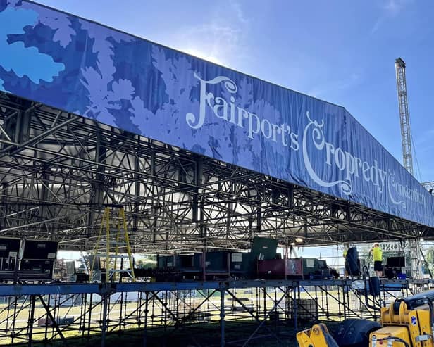 The roof is on - and will provide much-needed shade for the performers at this year's Fairports Cropredy Convention. Picture courtesy of Fairport Convention