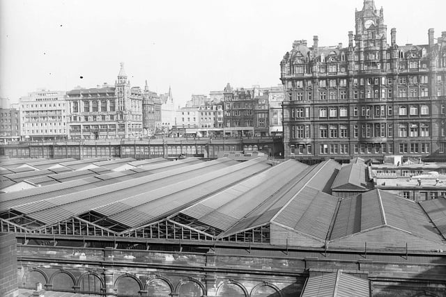 Looking across the roof of Waverley Station to the North British Hotel and Princes Street in August 1961.