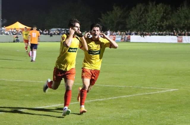 Giorgio Rasulo celebrates after he scored the only goal of the game in Banbury's 1-0 FA Cup success at Stratford Town. Picture courtesy of Banbury United FC