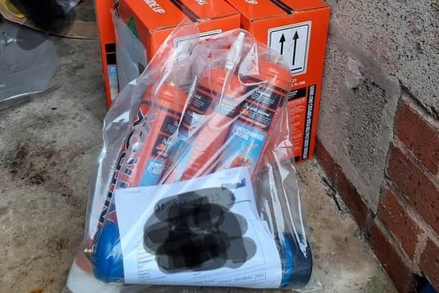 The nitrous oxide haul discovered in a vehicle stopped by police on the M40 yesterday (Monday)