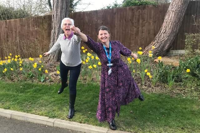 Banbury area grandmother Carol Holloway is taking part in Katharine House’s hair-raising Wingwalk fundraiser with Carley Lambourne. (photo from Katharine House Hospice)