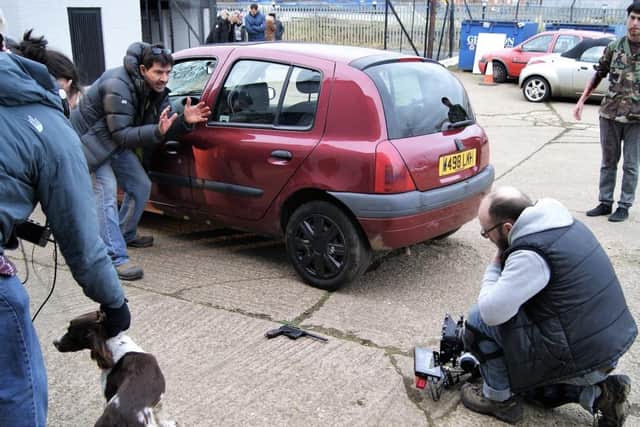 On set during filming of Bite. Much of the footage was shot in and around the Banbury area