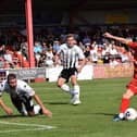 This proved to be the last of Morgan Roberts' goals as he scored twice in a 3-1 win over Hereford before securing a move to Swindon Town. Picture by Julie Hawkins