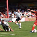 This proved to be the last of Morgan Roberts' goals as he scored twice in a 3-1 win over Hereford before securing a move to Swindon Town. Picture by Julie Hawkins