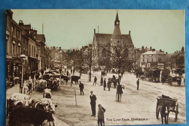 An old photo of Cow Fair, at the heart of Banbury. The commemoration of Councillor Herbert Payne begins in front of the Town Hall
