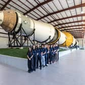 Students visiting one of NASA's rocket parks.