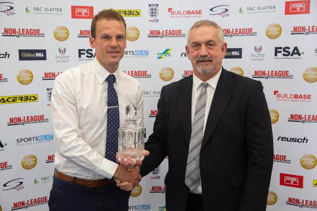 Brackley Town's Danny Lewis receives the Reusch Goalkeeper of the Year award at the 2022 National Game Awards