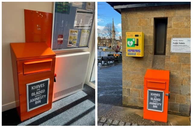The new knife amnesty bin, put up today (Wednesday), is next to the taxi rank by Banbury Cross (right). There is also one at Banbury Police Station (left)