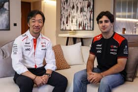 LONDON, ENGLAND - OCTOBER 15: Ayao Komatsu, Team Principal of Haas F1 and Rafael Camara of Brazil and Haas F1 pose for a photo at Mandarin Oriental Mayfair on October 15, 2026 in London, England. (Photo by Charlie Crowhurst/Getty Images)