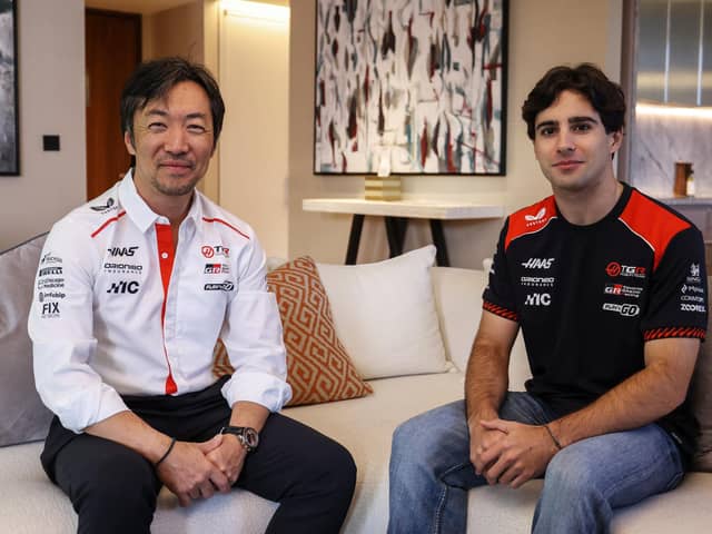 LONDON, ENGLAND - OCTOBER 15: Ayao Komatsu, Team Principal of Haas F1 and Rafael Camara of Brazil and Haas F1 pose for a photo at Mandarin Oriental Mayfair on October 15, 2026 in London, England. (Photo by Charlie Crowhurst/Getty Images)