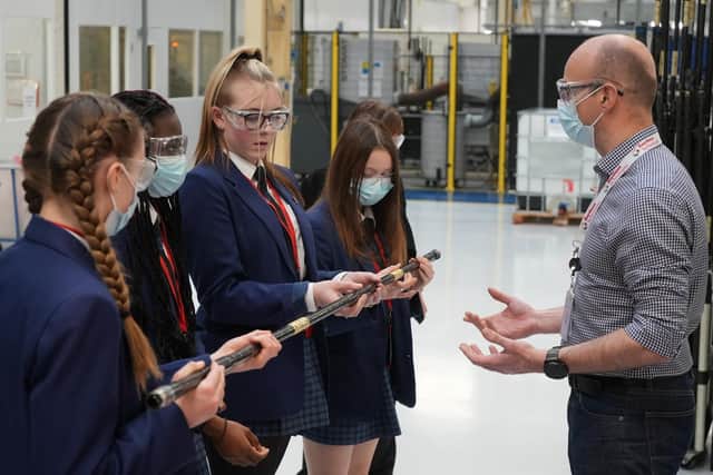 Futures Institute Banbury students Evie Steiger, Shamima Mahama, Brooke Jackson and Sarah Vamanu take part in activities on a school trip involving F1 Haas and Prodrive with the aim of encouraging girls to think about careers in engineering and STEM. (photo from Futures Institute Banbury)