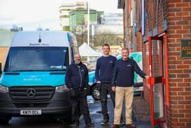 Warehouse operative Jorgen Laan, warehouse manager Alex Johnson and co-founder of Swish Fibre Alistair Goulden.